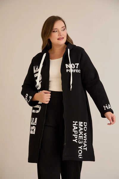 Hanorac lung marime mare din tesatura tripla cu gluga – negru