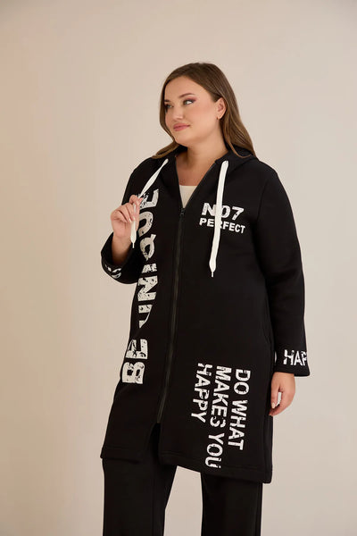 Hanorac lung marime mare din tesatura tripla cu gluga – negru