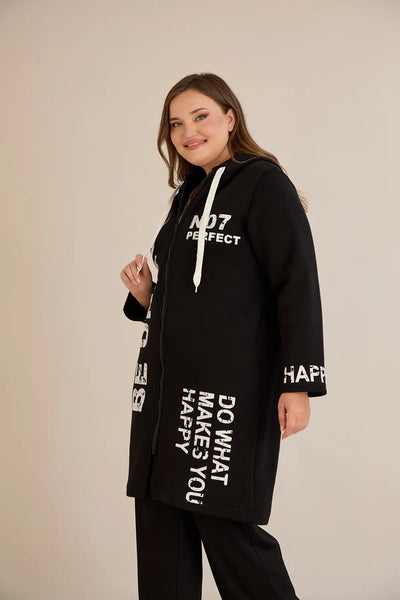 Hanorac lung marime mare din tesatura tripla cu gluga – negru