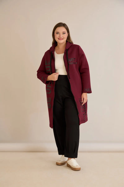 Hanorac lung marime mare din tesatura tripla cu gluga – bordo