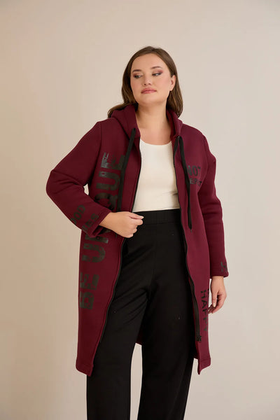 Hanorac lung marime mare din tesatura tripla cu gluga – bordo