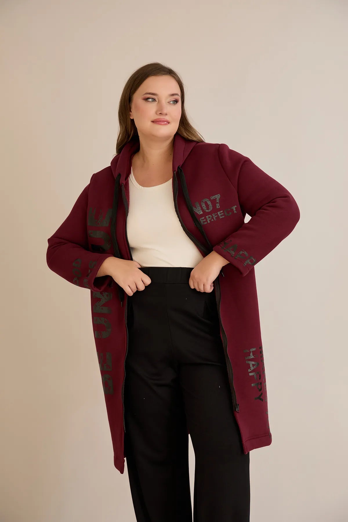 Hanorac lung marime mare din tesatura tripla cu gluga – bordo