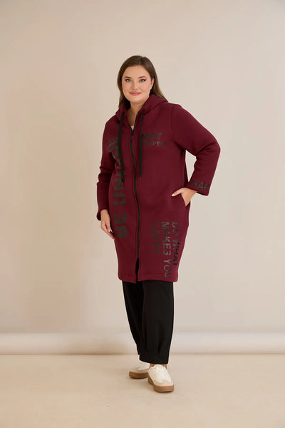 Hanorac lung marime mare din tesatura tripla cu gluga – bordo