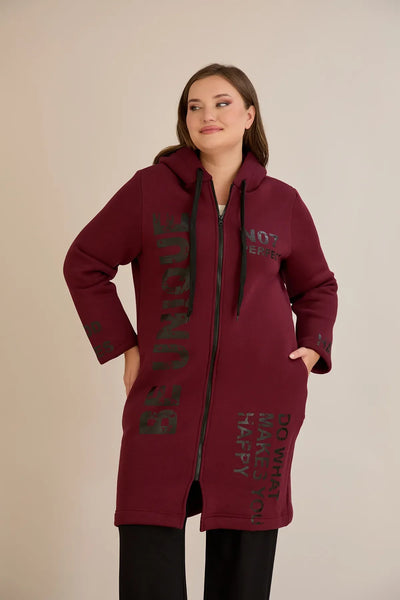 Hanorac lung marime mare din tesatura tripla cu gluga – bordo