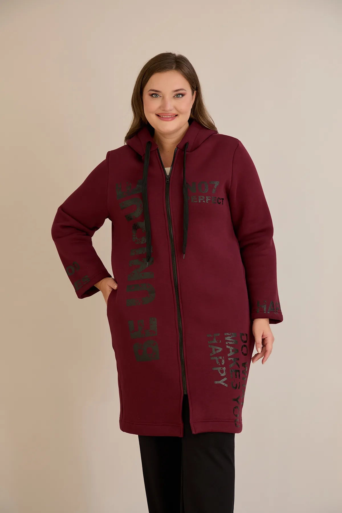 Hanorac lung marime mare din tesatura tripla cu gluga – bordo