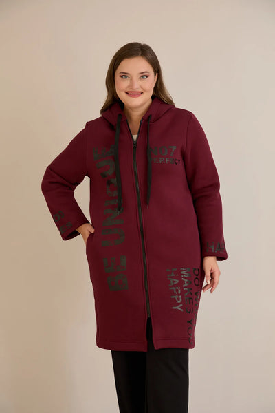 Hanorac lung marime mare din tesatura tripla cu gluga – bordo