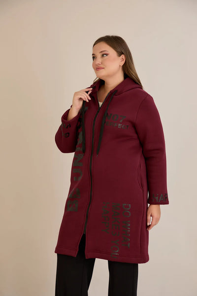 Hanorac lung marime mare din tesatura tripla cu gluga – bordo