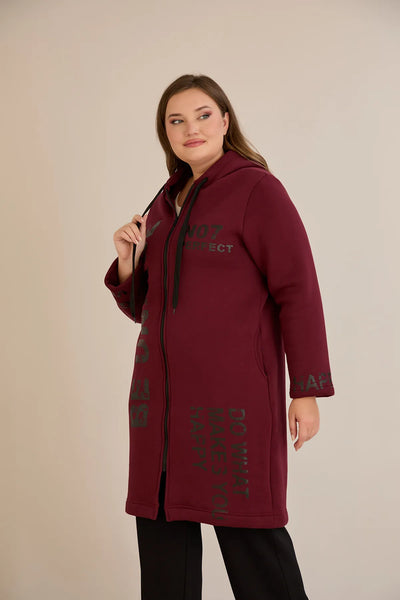 Hanorac lung marime mare din tesatura tripla cu gluga – bordo