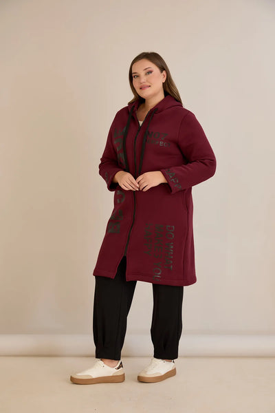 Hanorac lung marime mare din tesatura tripla cu gluga – bordo