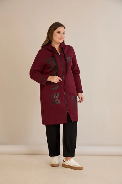 Hanorac lung marime mare din tesatura tripla cu gluga – bordo