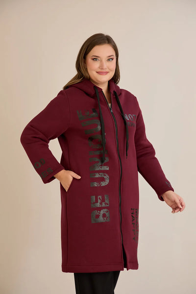 Hanorac lung marime mare din tesatura tripla cu gluga – bordo