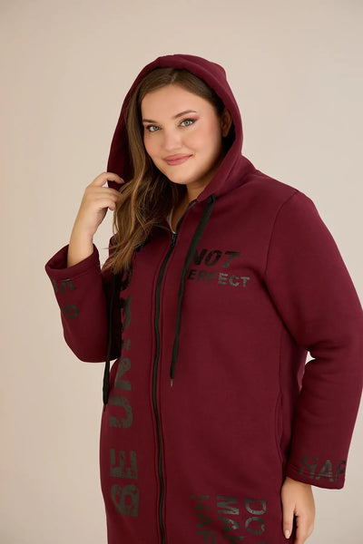 Hanorac lung marime mare din tesatura tripla cu gluga – bordo