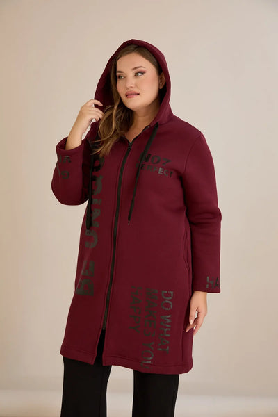 Hanorac lung marime mare din tesatura tripla cu gluga – bordo
