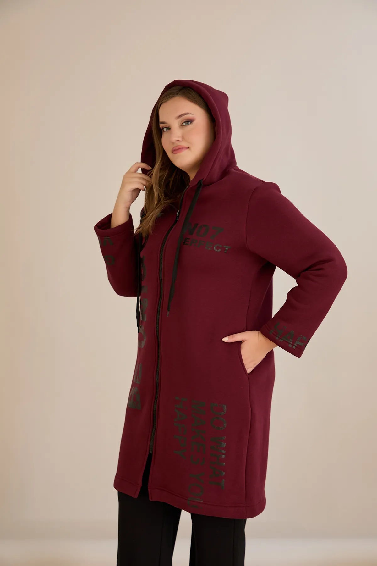 Hanorac lung marime mare din tesatura tripla cu gluga – bordo
