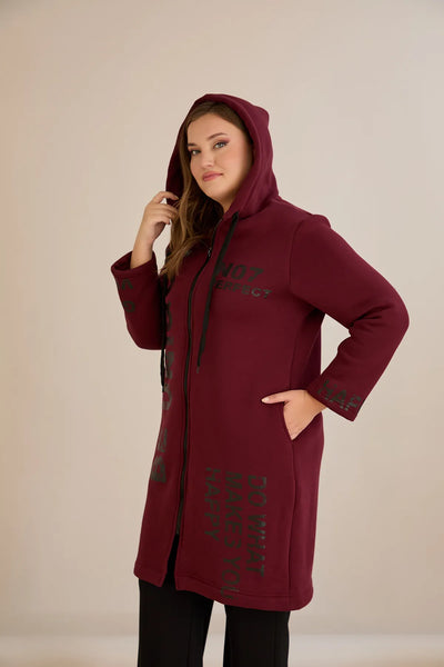 Hanorac lung marime mare din tesatura tripla cu gluga – bordo