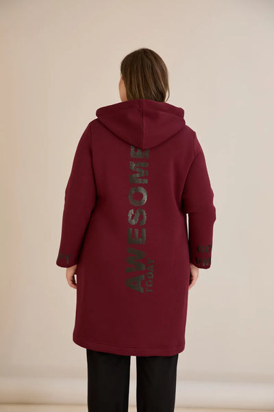 Hanorac lung marime mare din tesatura tripla cu gluga – bordo