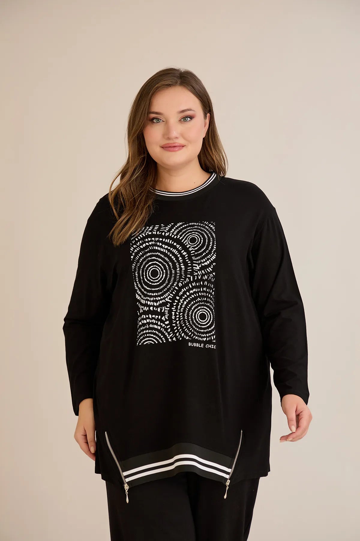 Tunicӑ mărime mare din vâscoză elastică cu imprimeu de autor Bubble Chic