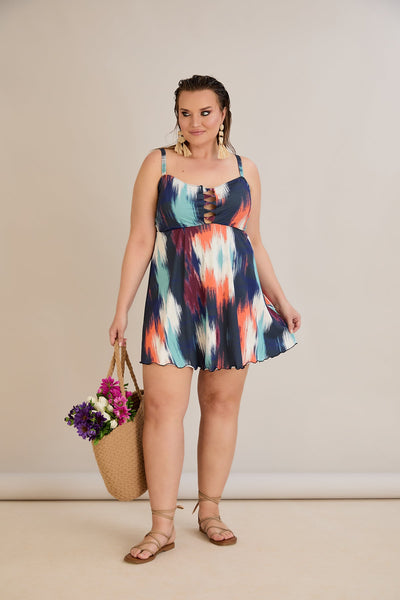 Costum de baie marime mare tip tankini cu decolteu misterios - Apus tropical