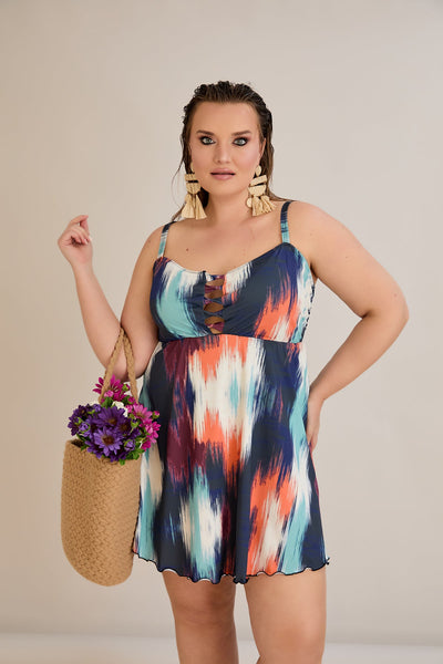 Costum de baie marime mare tip tankini cu decolteu misterios - Apus tropical