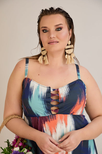 Costum de baie marime mare tip tankini cu decolteu misterios - Apus tropical
