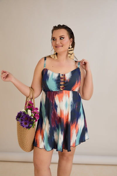 Costum de baie marime mare tip tankini cu decolteu misterios - Apus tropical