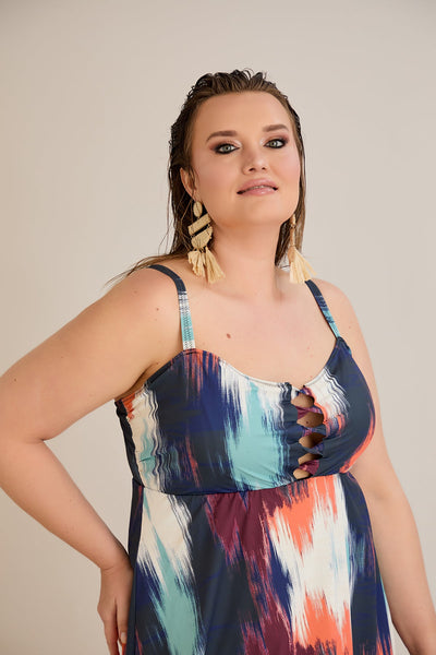 Costum de baie marime mare tip tankini cu decolteu misterios - Apus tropical