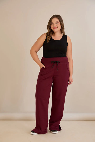 Pantalon larg marime mare cu despicaturi laterale - burgundy
