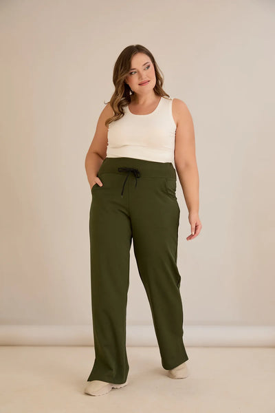 Pantalon larg marime mare cu despicaturi laterale - kaki