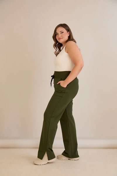 Pantalon larg marime mare cu despicaturi laterale - kaki