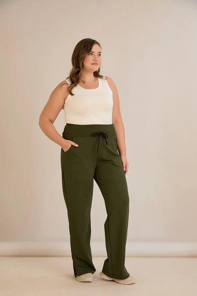 Pantalon larg marime mare cu despicaturi laterale - kaki