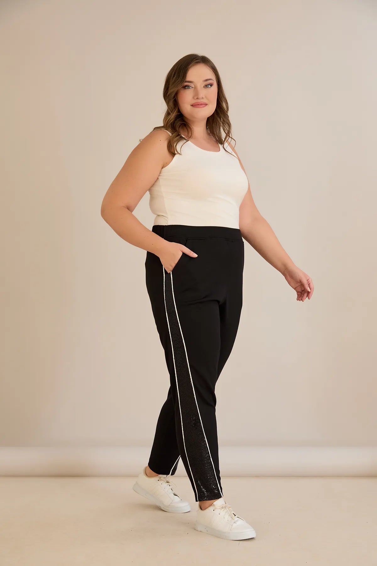 Pantalon sport mărime mare cu bandă laterală strălucitoare