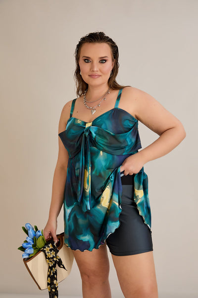 Costum de baie  marime mare tip tankini cu boxer - ape turcoaz