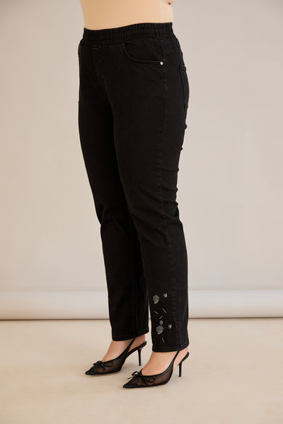 Blugi marime mare elastici de dama cu broderie - negru