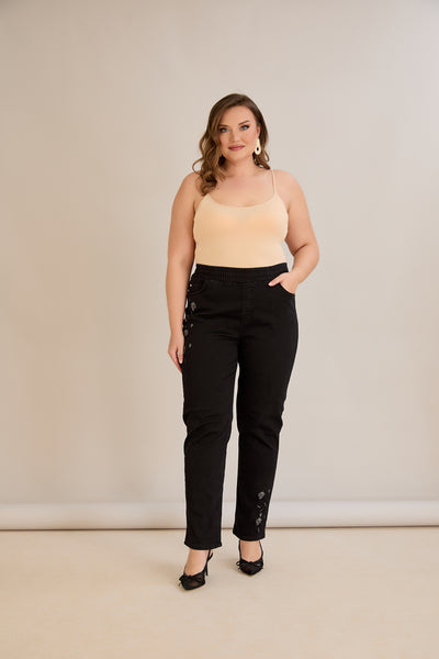 Blugi marime mare elastici de dama cu broderie - negru