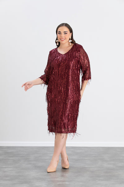 Rochie marime mare cu franjuri si paiete Craciun Chic - visiniu