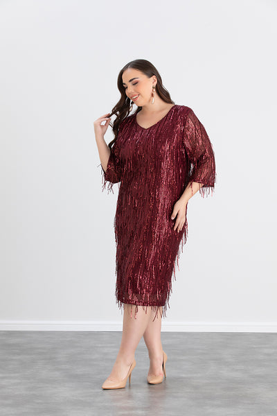 Rochie marime mare cu franjuri si paiete Craciun Chic - visiniu