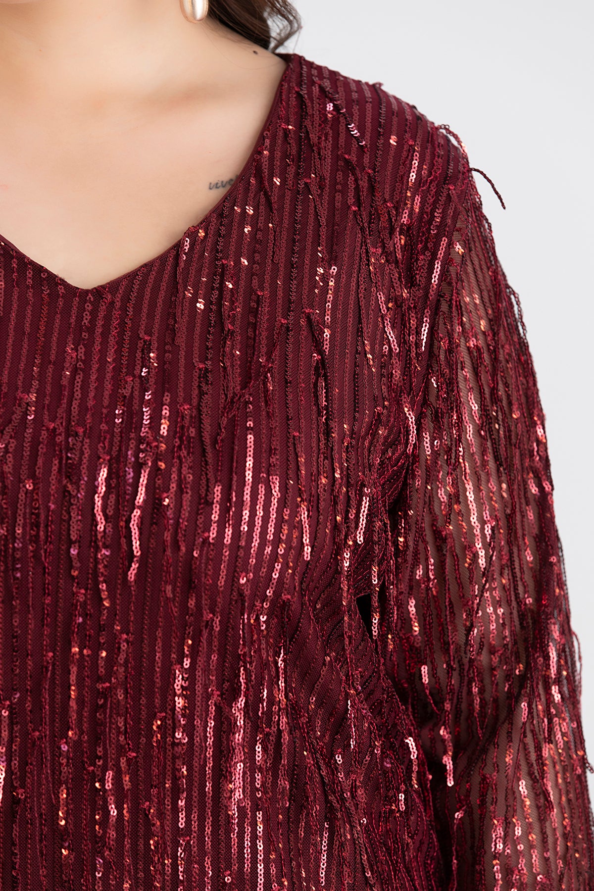 Rochie marime mare cu franjuri si paiete Craciun Chic - visiniu