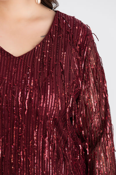 Rochie marime mare cu franjuri si paiete Craciun Chic - visiniu
