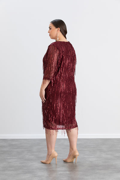 Rochie marime mare cu franjuri si paiete Craciun Chic - visiniu