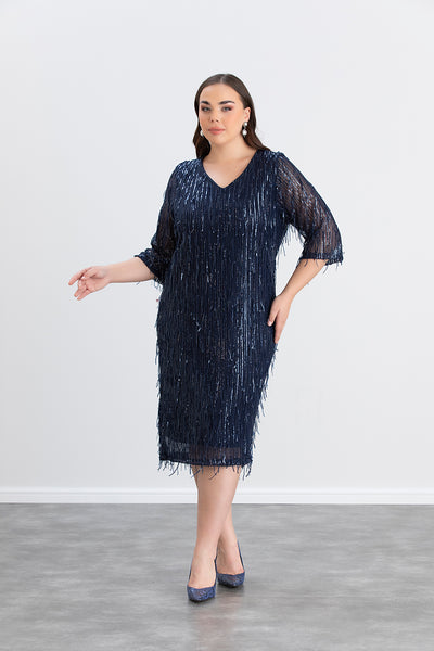 Rochie marime mare cu franjuri si paiete Craciun Chic - albastru