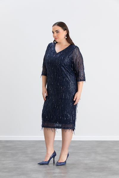 Rochie marime mare cu franjuri si paiete Craciun Chic - albastru