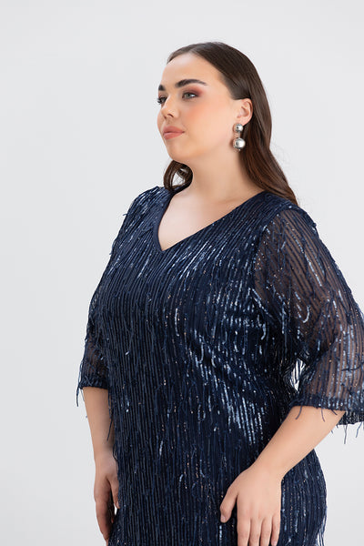 Rochie marime mare cu franjuri si paiete Craciun Chic - albastru