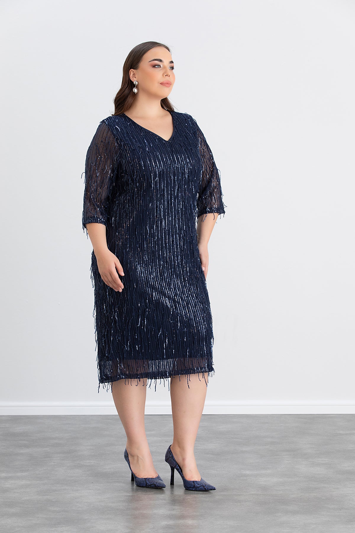 Rochie marime mare cu franjuri si paiete Craciun Chic - albastru