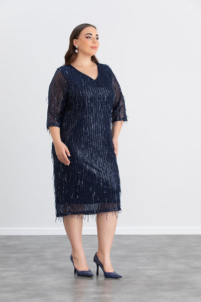 Rochie marime mare cu franjuri si paiete Craciun Chic - albastru