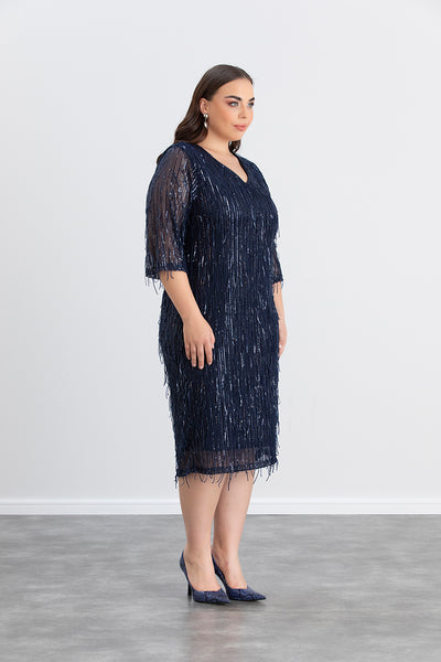 Rochie marime mare cu franjuri si paiete Craciun Chic - albastru