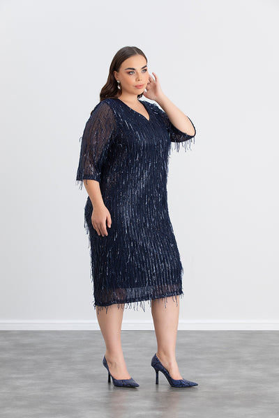 Rochie marime mare cu franjuri si paiete Craciun Chic - albastru