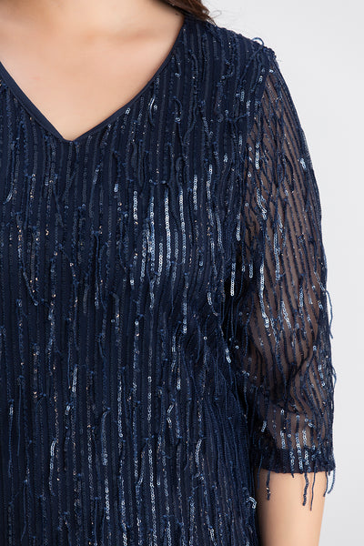 Rochie marime mare cu franjuri si paiete Craciun Chic - albastru