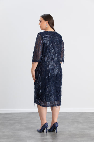 Rochie marime mare cu franjuri si paiete Craciun Chic - albastru
