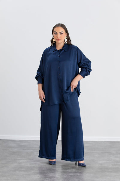 Compleu marime mare din satin - albastru