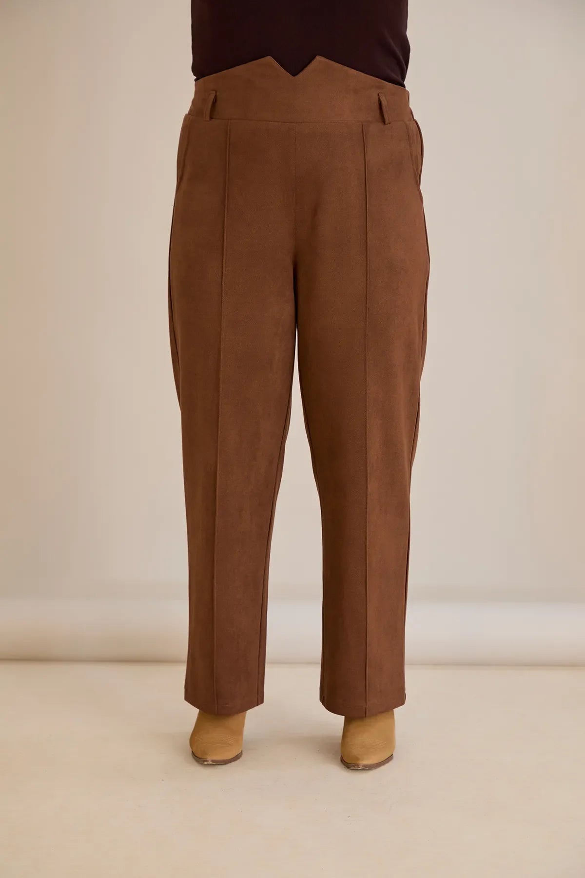 Pantalon elegant mărime mare cu dungă și talie înaltă – cafea